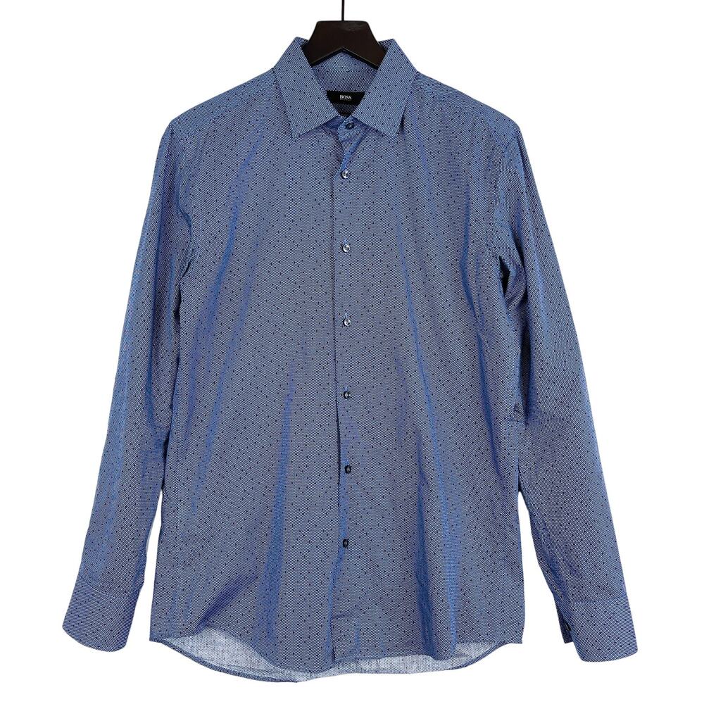 BOSS Hugo Boss Mens Size 15.5 Slim Fit Cotton Polka Dot Dress Shirt Blue